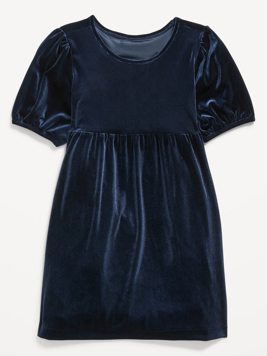 Cozy Velour Puff-Sleeve Swing Dress for Girls - Blue