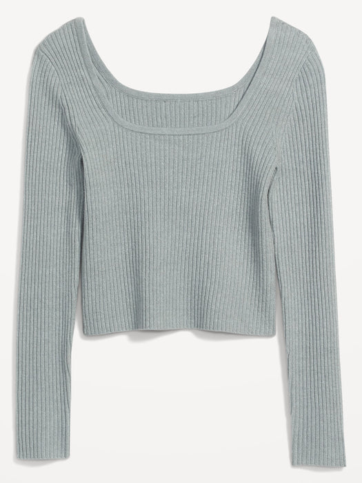 Fitted Cropped Square-Neck Rib-Knit Sweater for Women
