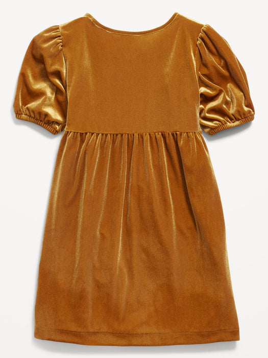 Cozy Velour Puff-Sleeve Swing Dress for Girls - Gold
