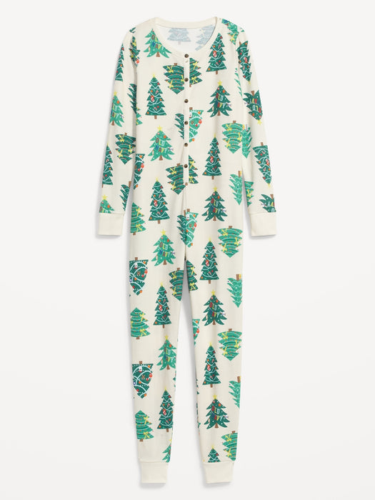 Matching Printed Thermal-Knit One-Piece Pajamas for Women - Multi