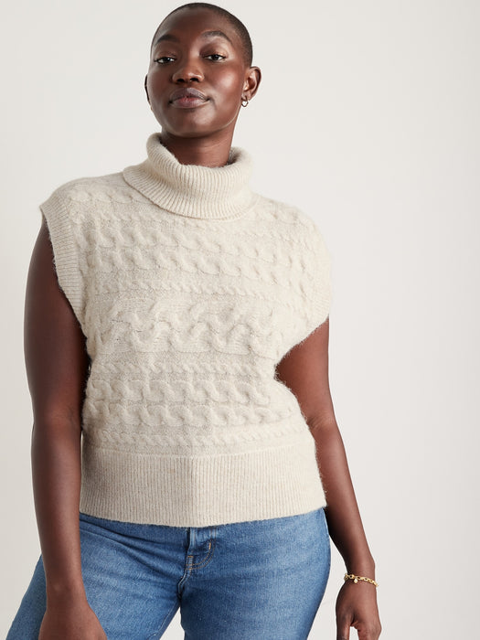 Sleeveless Cropped Cozy Plush-Yarn Cable-Knit Turtleneck Sweater for Women - Beige