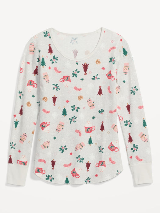 Printed Thermal-Knit Long-Sleeve Pajama Top for Women
