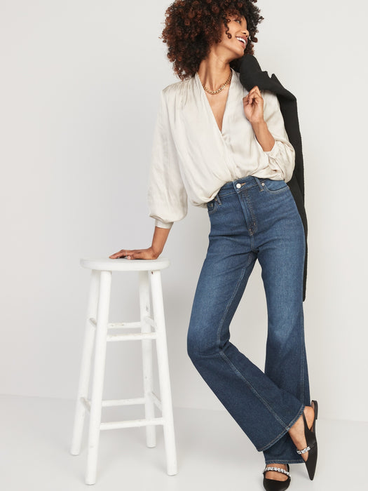 Cross-Front Satin Long-Sleeve Blouse for Women