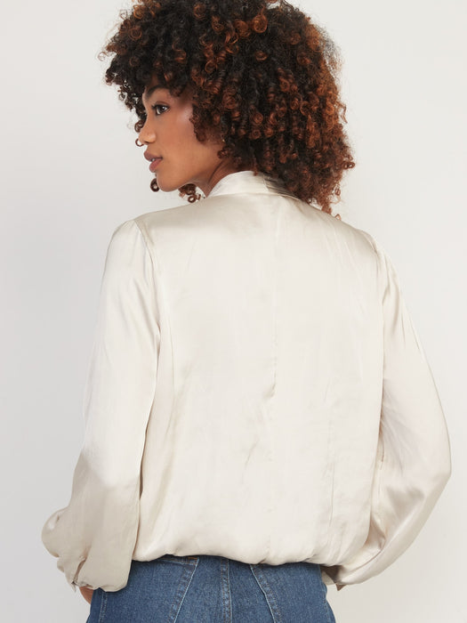 Cross-Front Satin Long-Sleeve Blouse for Women