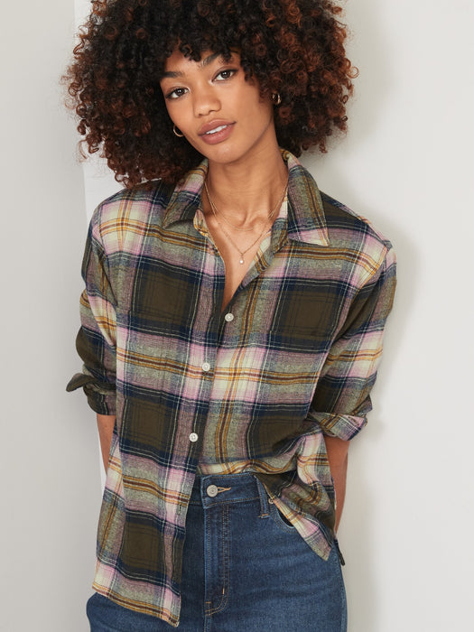 Cropped Plaid Flannel Boyfriend Shirt for Women - Green