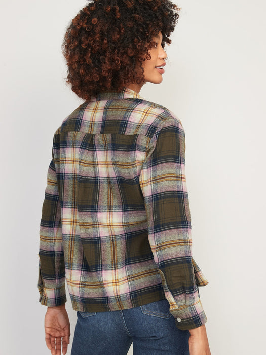 Cropped Plaid Flannel Boyfriend Shirt for Women - Green