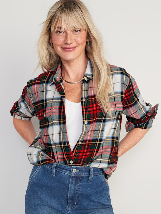 Long-Sleeve Plaid Flannel Boyfriend Tunic Shirt for Women