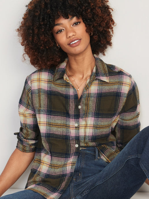 Cropped Plaid Flannel Boyfriend Shirt for Women - Green