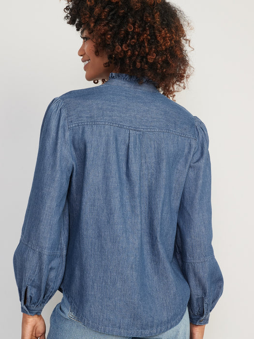 Ruffle-Neck Jean Shirt for Women