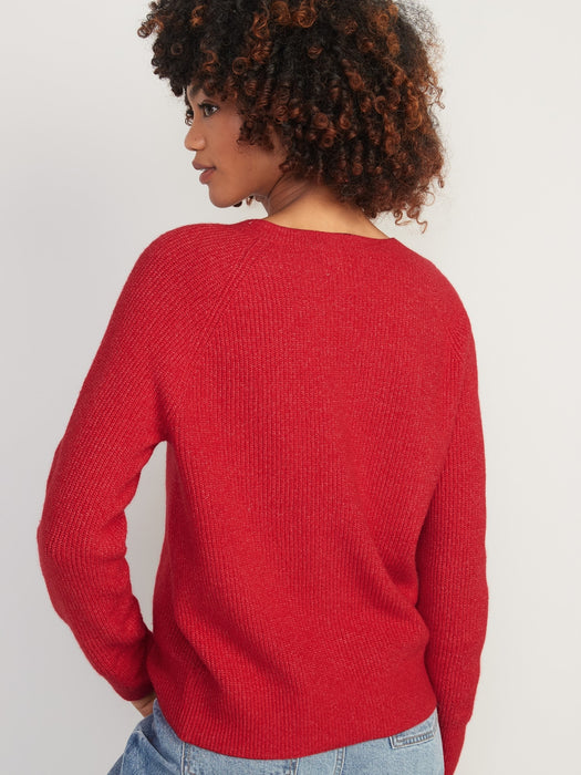V-Neck Shaker-Stitch Cocoon Sweater for Women