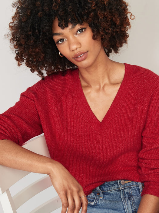 V-Neck Shaker-Stitch Cocoon Sweater for Women