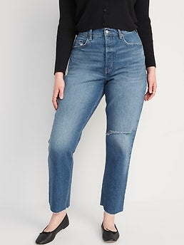 Curvy Extra High-Waisted Button-Fly Sky-Hi Straight Ripped Jeans for Women