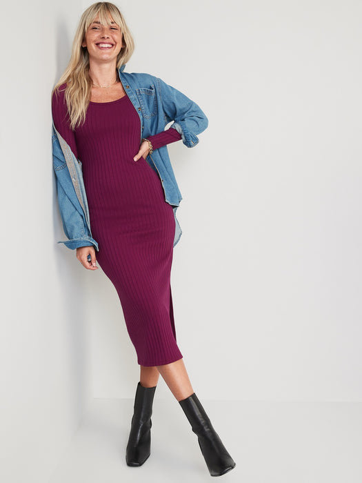 Fitted Long-Sleeve Rib-Knit Midi Dress for Women