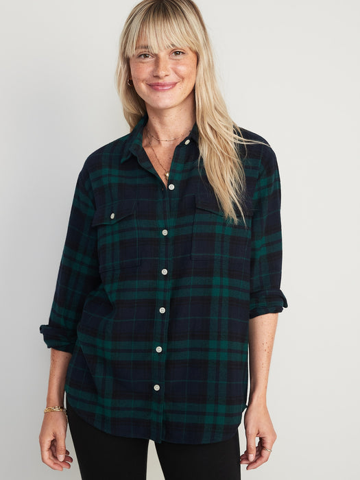 Long-Sleeve Plaid Flannel Boyfriend Tunic Shirt for Women
