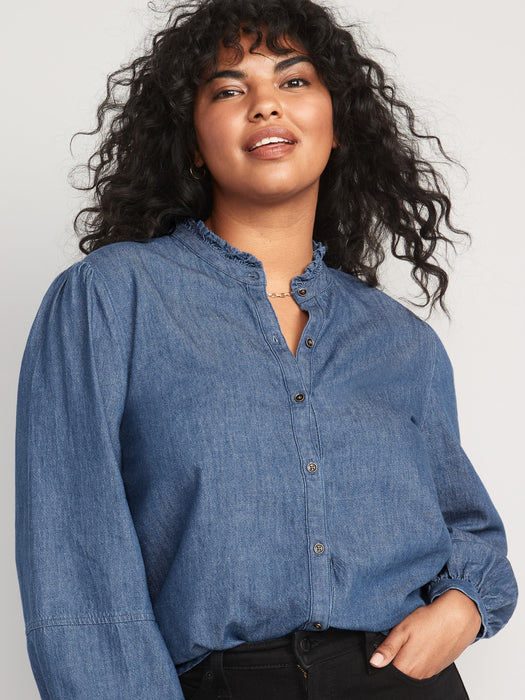 Ruffle-Neck Jean Shirt for Women