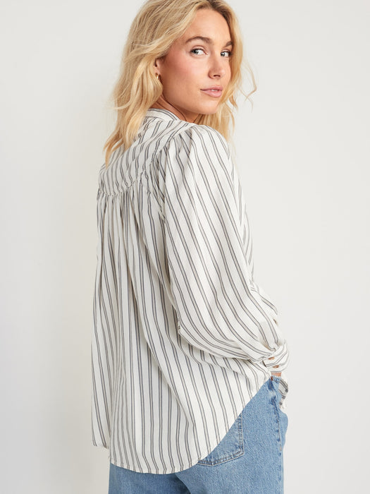 Puff-Sleeve Striped Henley Shirt for Women - Beige