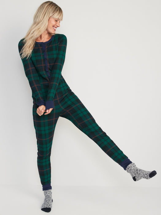 Matching Printed Thermal-Knit One-Piece Pajamas for Women - Multi