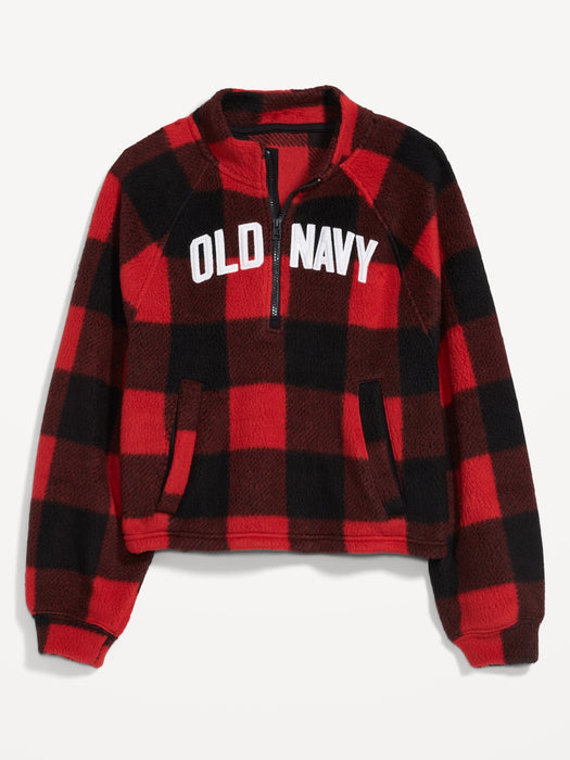 Oversized Buffalo Plaid Logo Sherpa Quarter-Zip Sweatshirt for Women