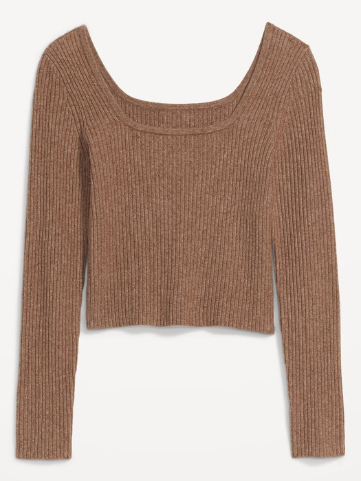 Fitted Heathered Square-Neck Rib-Knit Sweater for Women
