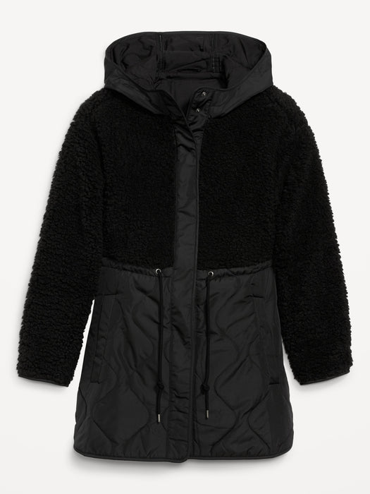 Hooded Sherpa Quilted Hybrid Coat for Women - Black