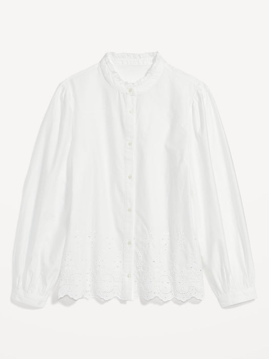 Collarless Embroidered Scalloped Shirt for Women