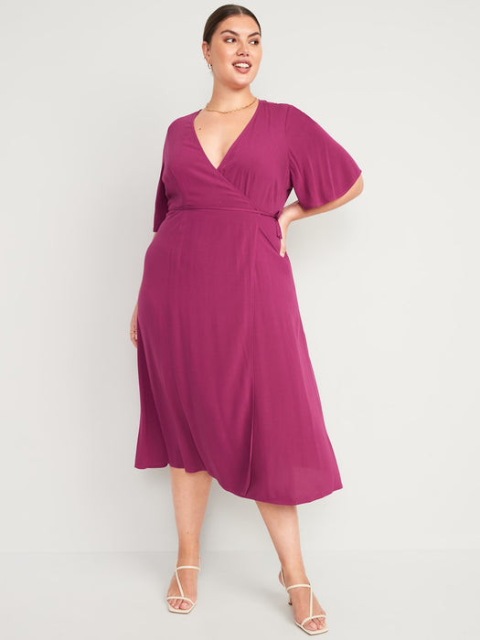 Waist-Defined Flutter-Sleeve Midi Wrap Dress for Women
