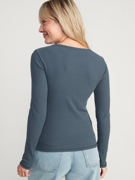 Plush Long-Sleeve Rib-Knit Slim-Fit T-Shirt for Women - Blue