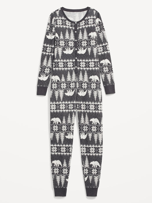Matching Printed Thermal-Knit One-Piece Pajamas for Women - Multi