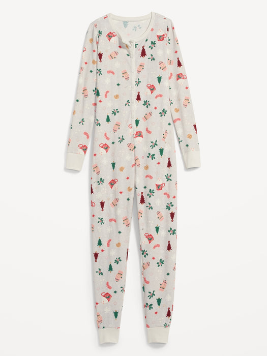Matching Printed Thermal-Knit One-Piece Pajamas for Women