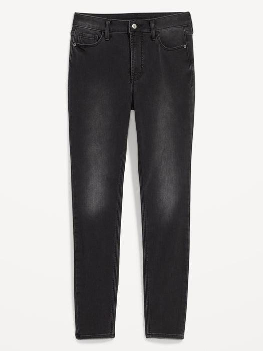 High-Waisted Rockstar Super-Skinny Black-Wash Built-In Warm Jeans for Women - Black