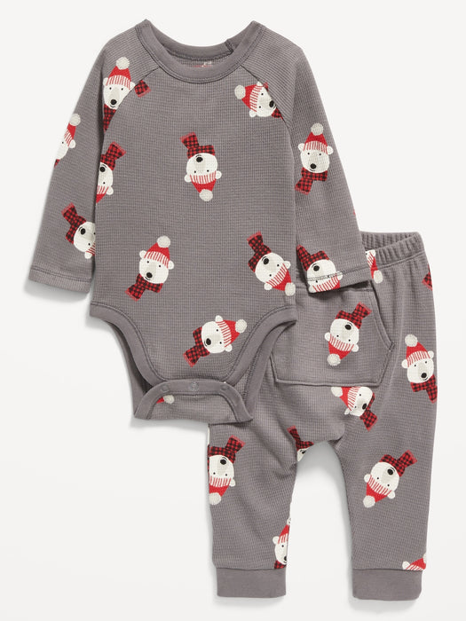 Unisex 2-Piece Long-Sleeve Thermal-Knit Bodysuit and Leggings Set for Baby - Gray