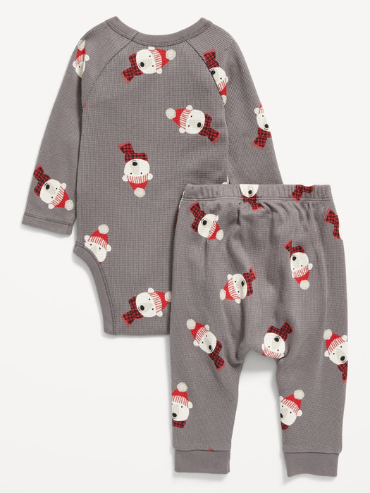 Unisex 2-Piece Long-Sleeve Thermal-Knit Bodysuit and Leggings Set for Baby - Gray