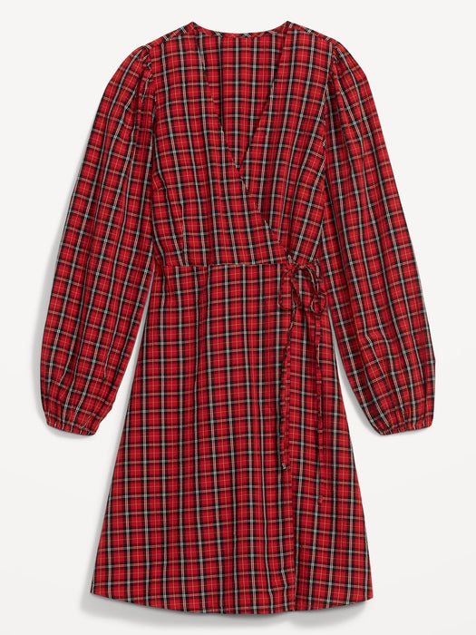 Puff-Sleeve Plaid Seersucker Mini Wrap Dress for Women