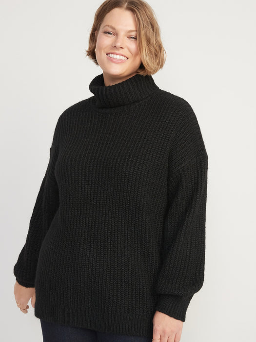 Shaker-Stitch Tunic-Length Turtleneck Sweater for Women - Black