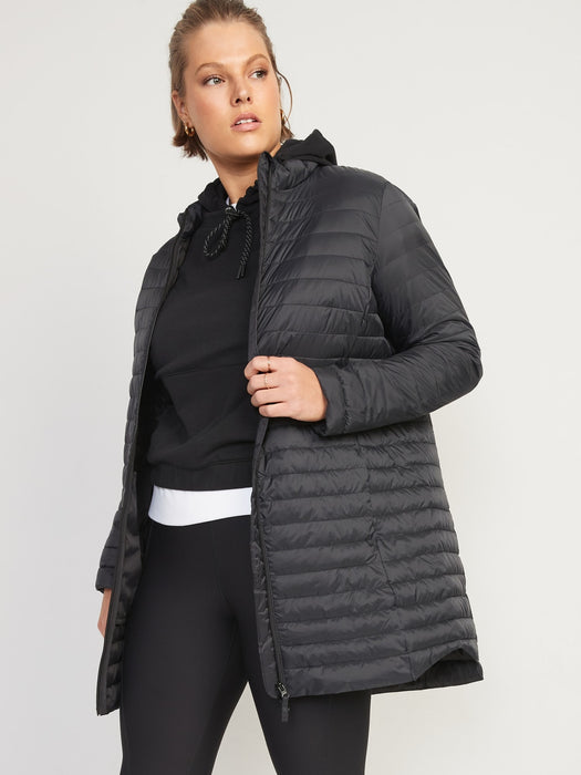 Water-Resistant Quilted Zip-Front Tunic Jacket for Women - Black