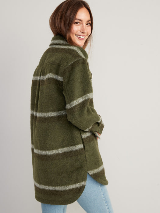 Printed Flannel Long Utility Shacket for Women - Green