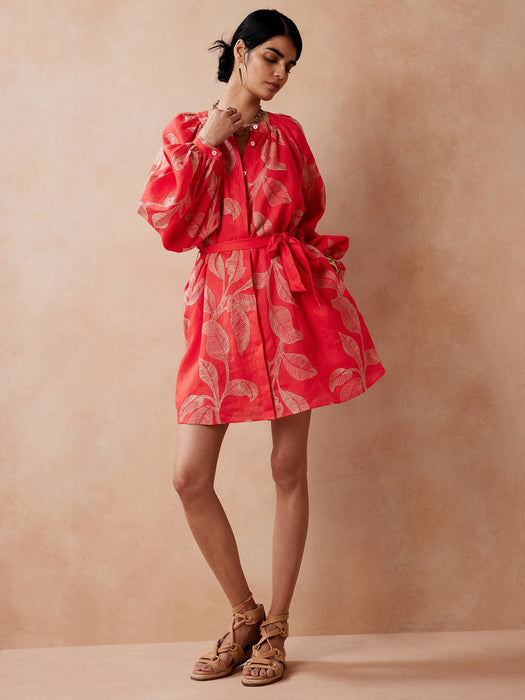 Embroidered Shirt Dress - Red Floral