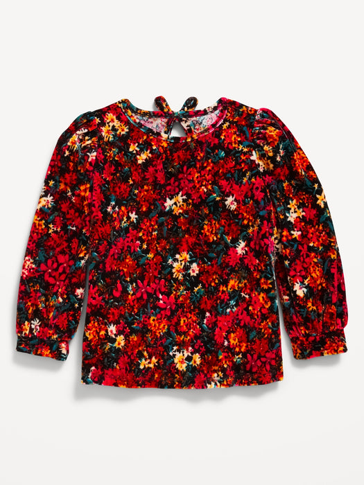 Puff-Sleeve Tie-Back Velvet Top for Toddler Girls