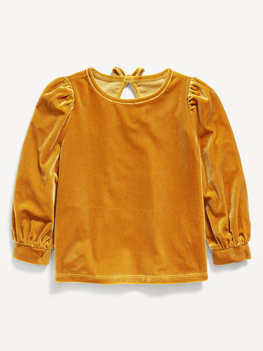 Puff-Sleeve Tie-Back Velvet Top for Toddler Girls - Gold