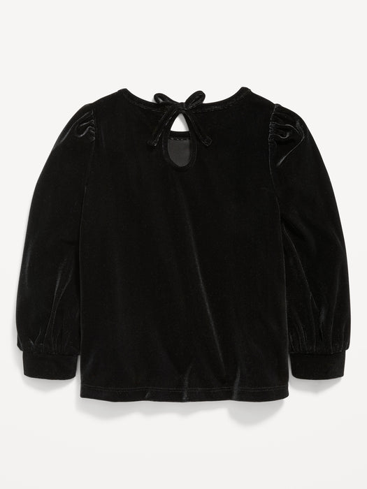 Puff-Sleeve Tie-Back Velvet Top for Toddler Girls - Black