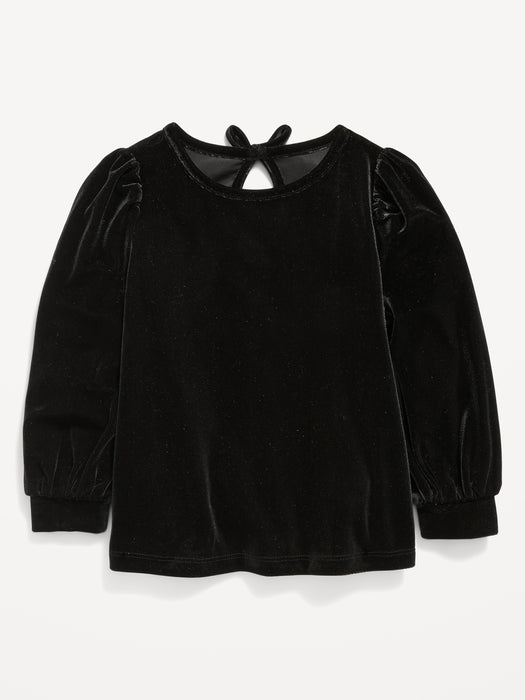 Puff-Sleeve Tie-Back Velvet Top for Toddler Girls - Black