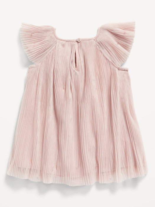 Flutter-Sleeve Pleated Tulle Swing Dress for Baby - Pink