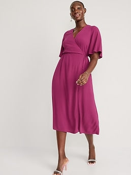 Waist-Defined Flutter-Sleeve Midi Wrap Dress for Women