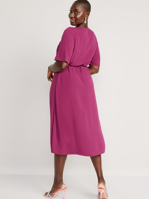 Waist-Defined Flutter-Sleeve Midi Wrap Dress for Women