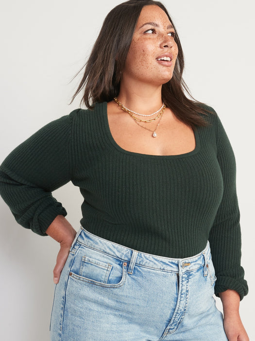Fitted Cropped Square-Neck Rib-Knit Sweater for Women - Green