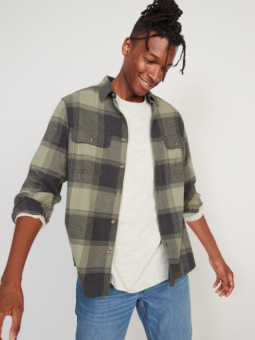 Regular-Fit Plaid Double-Brushed Flannel Shirt for Men - Green