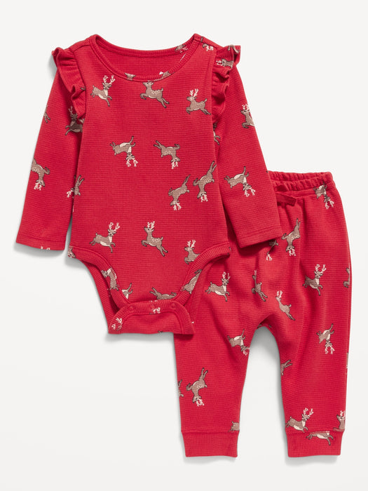 Ruffle-Trim Thermal-Knit Printed Bodysuit and Leggings Set for Baby - Multi