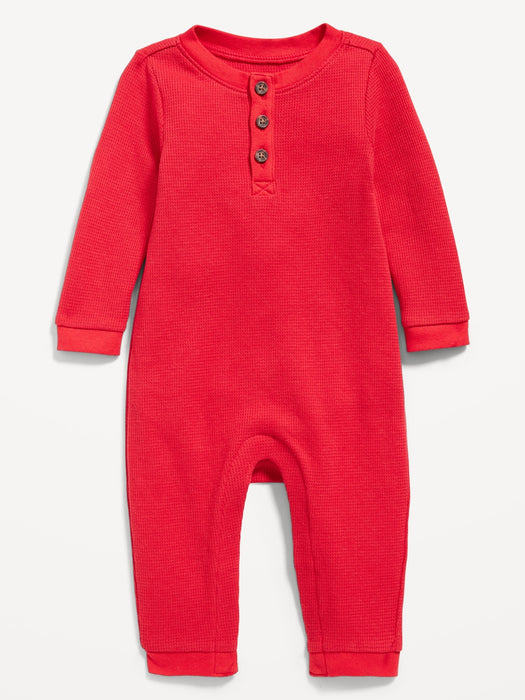 Unisex Thermal-Knit Henley One-Piece for Baby - Red