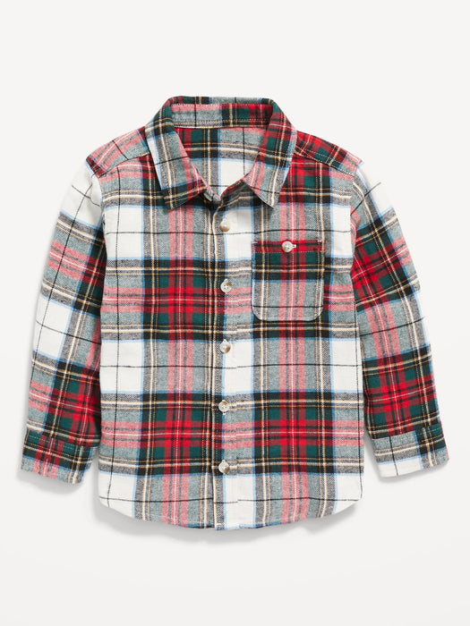 Plaid Flannel Pocket Shirt for Toddler Boys - White