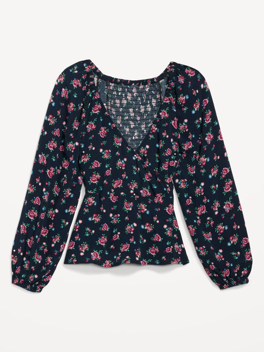 Puff-Sleeve Smocked Wrap Blouse for Women